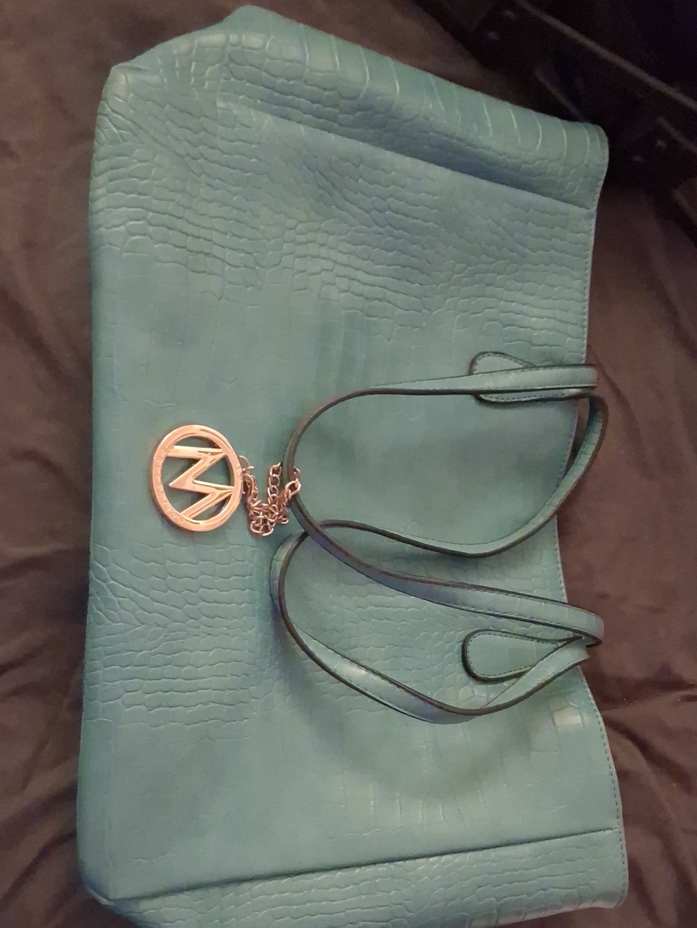 Croc-Texture Teal Shoulder Bag with Gold Logo Charm